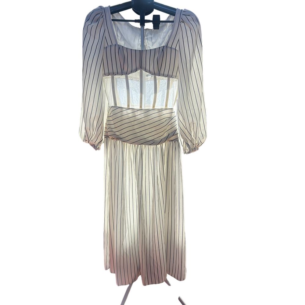 RARE Nafsika Skourti Striped Mesh Corset Dropwaist Midi Dress 4 S Avant Garde - Picture 9 of 10